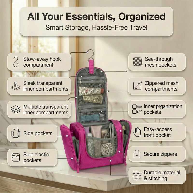 Bago Travel Toiletry Bag for Women and Men - Large Waterproof Hanging Large Toiletry Bag for Bathroom and Travelling Bag for Toiletries Organizer - Travel Makeup Bag (Pink) - Image 2
